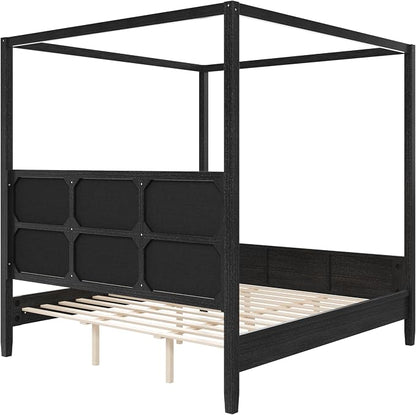 Merax Queen Size Canopy Bed with Upholstered Headboard, Wooden Platform Bed Frame with 4-Posters, Solid Wood Slat Support, No Box Spring Needed