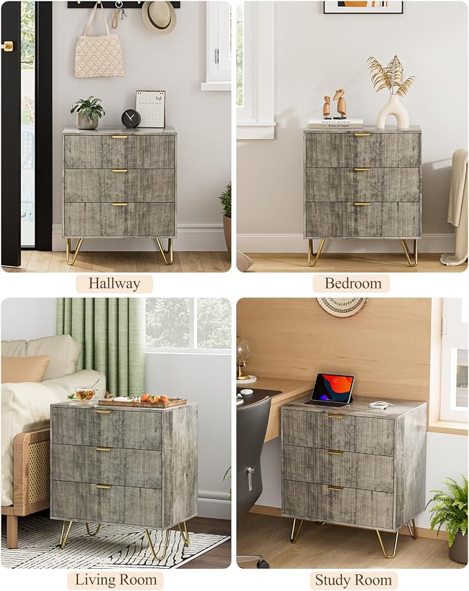 Grey Dresser for Bedroom, Modern Fluted 3 Drawer Dresser with Storage, Dresser Chest of Drawers with Gold Handles for Bedroom, Living Room, Closet, Hallway, 15.8" D x 23.6" W x 27.6" H