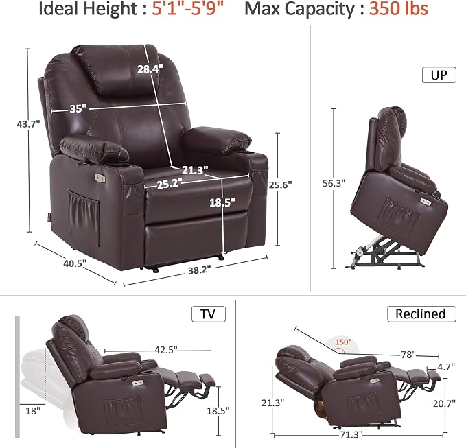 MCombo Extra Wide Power Lift Recliner Chair for Elderly, Lift Chair with Heat and Massage for Big People, USB&Type C Ports, Cup Holders, Faux Leather R7045 (Dark Brown, Medium-Wide)