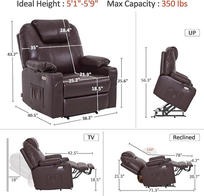 MCombo Extra Wide Power Lift Recliner Chair for Elderly, Lift Chair with Heat and Massage for Big People, USB&Type C Ports, Cup Holders, Faux Leather R7045 (Dark Brown, Medium-Wide)