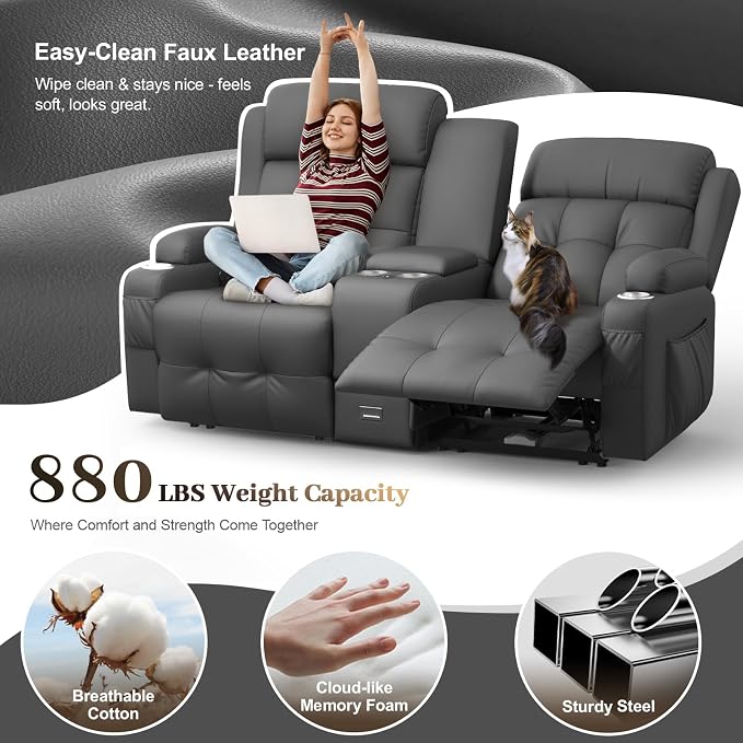 Reclining Loveseat, Massage Loveseat Recliner Sofa Heavy Weight Capacity, RV Love Seat Chair Clearance with Console, USB, Type C Port, Storage, Cup Holders, Wall Hugger Couch for Living Room
