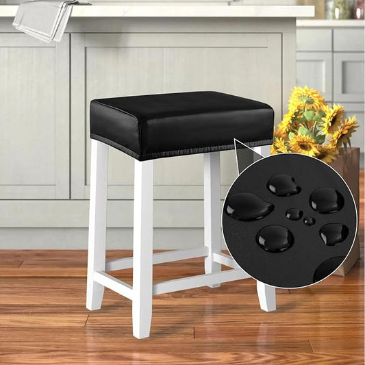 YISUN Stool Covers Rectangle - 4 Pack Stretch Waterproof Saddle Seat Cover Counter Bar Stools Bar Chairs Covers Kitchen Island Chairs Cushion Protector (2, PU Leather-Black)