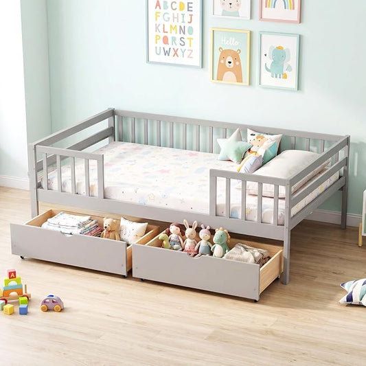 Giantex Full Kids Bed with Storage Drawers, Wood Montessori Bed with Rails & Side Shelf, Low Daybed Bed Frame for Boys Girls, No Box Spring Needed (Grey)