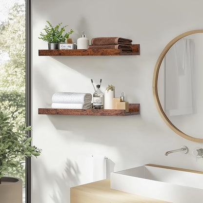 Muzilife 16" Floating Wall Ledge Shelves with Lip - Set of 2 Wood Floating Shelves - Widened Honey Wall Mounted Picture Ledge for Office, Bathroom, Bedroom, Living Room, Kitchen