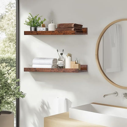 Muzilife 16" Floating Wall Ledge Shelves with Lip - Set of 2 Wood Floating Shelves - Honey Wall Mounted Picture Ledge for Office, Bathroom, Bedroom, Living Room, Kitchen