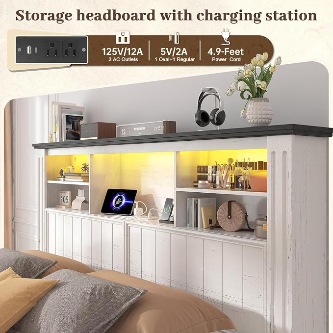 EnHomee Full Size Bed Frame with Storage Headboard and 4 Drawers,Charging Port & LED,No Box Spring Needed for Apartment,Noise,-Free,White with Grain Marks