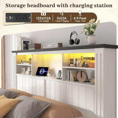 EnHomee Full Size Bed Frame with Storage Headboard and 4 Drawers,Charging Port & LED,No Box Spring Needed for Apartment,Noise,-Free,White with Grain Marks