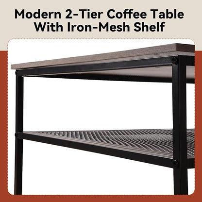 SENIG 2-Tier Coffee Table 35.4" with Iron-Mesh Storage Shelf, Grey Oak | Industrial Wood and Metal Center Table for Home Office Kitchen 35.4" L x 23.6" W