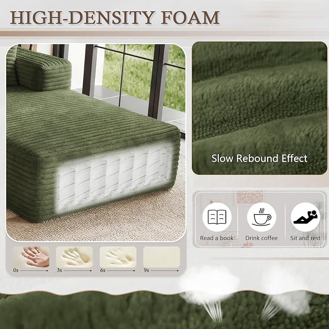 95" Cloud Sectional Couch U-Shaped Chaise with Ottoman, Corduroy Boneless Couch for Living Room Bedroom, Deep-Seat Upholstered Modular Cloud Sofa, No Assembly Required (Green, Right Facing Chaise)