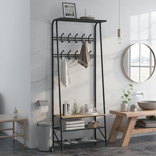 MDF Hall Tree with Bench, 4-in-1 Entryway Coat Rack with Storage Shelf & Shoe Organizer, Sturdy Freestanding Furniture for Living Room, Bedroom, Mudroom