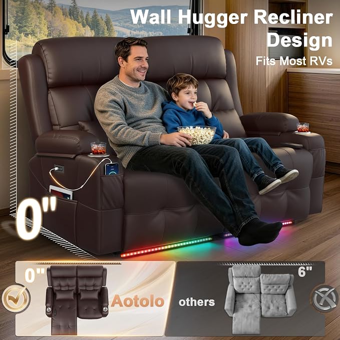 Power Reclining Loveseat with Massage & Heat,Wall Hugger Home Theater Seating with LED Lights,USB & Type-C Ports, Ideal for RV, Home Theater and Living Room,Brown,2 Seats