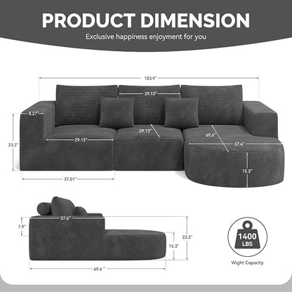 Boneless Couches for Living Room,Cloud Sectional Couch with L-Shape Chaise,Modern Modular Sofa with Deep Seat Upholstered Comfy Couches for Bedroom,No Assembly Required,1PCS