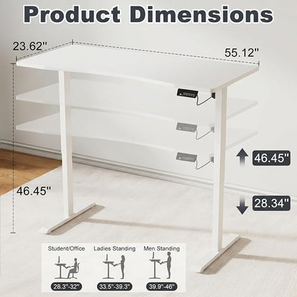 Solid Wood Electric Standing Desk 55"x23.6"Home Office Desk,Adjustable Workbench with 3 Stages Single Motor, Computer Workstation with T-Shaped Metal Bracket,White Standing Desk for Gaming(1 Box)