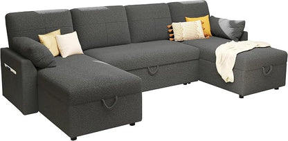 PaPaJet 110 Inch Sleeper Sofa, Oversized Pull Out Couch with Double Storage Chaise，U Shape Couches for Living Room, Gray