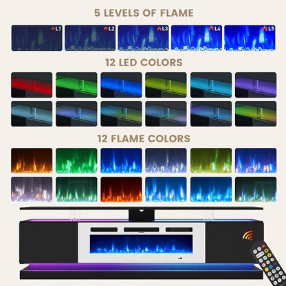 70" Fireplace TV Stand, Modern Entertainment Center for TVs Up to 80”, TV Console with Storage Cabinets, Media Console for Living Room,Black TV Stand and White Fireplace
