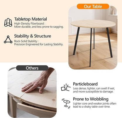 VINGLI Round Dining Table for 2-4, 35in Modern Dining Room Table with Metal Base, Light Oak Wooden Kitchen Table, Space-Saving, Small Space Circle Dinette for Home, Kitchen, Apartment