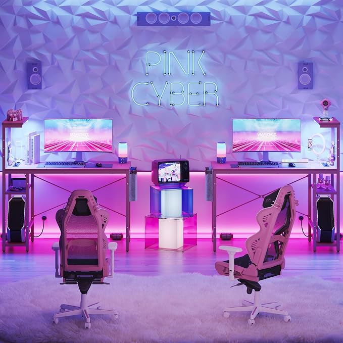 Bestier Pink Gaming Desk with Power Outlets, 44 Inch Led Gamer Desk with 4 Tiers Reversible Shelves, Computer Desk with Headset Hook & Side Storage Bag for Bedroom (Pink 3D Carbon Fiber)