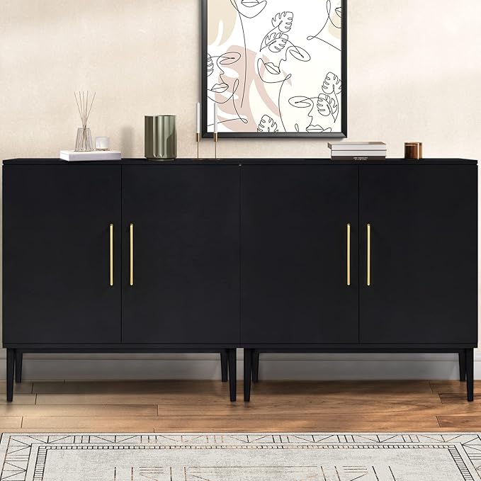 Set of 2 Black Storage Cabinet with Doors, Modern Accent Cabinet, Free Standing Cabinet with Adjustable Shelf, Wooden Buffet Sideboards for Living Room, Kitchen, Dining Room, Entryway