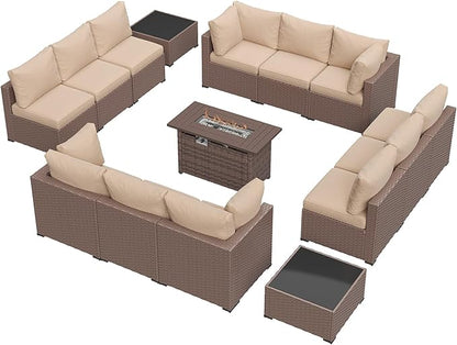 Aoxun 15 Piece Patio Furniture Set with 44” Fire Pit Table, Wicker Rattan Patio Sectional Sofa, Outdoor Furniture Set with Thickened Cushion, Brown