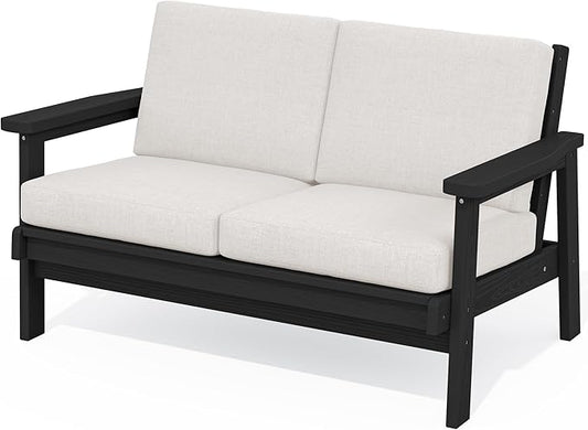SERWALL HDPE Outdoor Patio Loveseat, All Weather Wood-Like Outdoor Sofa HDPE Outdoor Furniture, Black Frame and Khaki Cushion