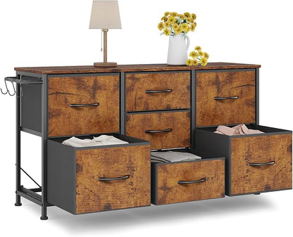 Fabric Dresser for Bedroom, Small Dressers for Kids Bedroom, 7 Drawers Dresser for Closet, Storage Organizer Chest of Drawers for Nursery, Dorm, Apartment, TV Stand, Wood Top, Side Hook (Rustic Brown)