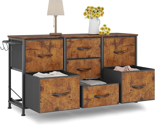 Fabric Dresser for Bedroom, Small Dressers for Kids Bedroom, 7 Drawers Dresser for Closet, Storage Organizer Chest of Drawers for Nursery, Dorm, Apartment, TV Stand, Wood Top, Side Hook (Rustic Brown)
