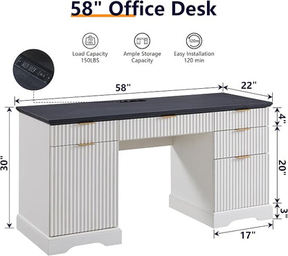 58" Modern Executive Desk with 5 Drawers & 1 Cabinet, Built‑in Outlet | Fluted Computer Writing Desk for Study, Living Room, Bedroom, Antique White