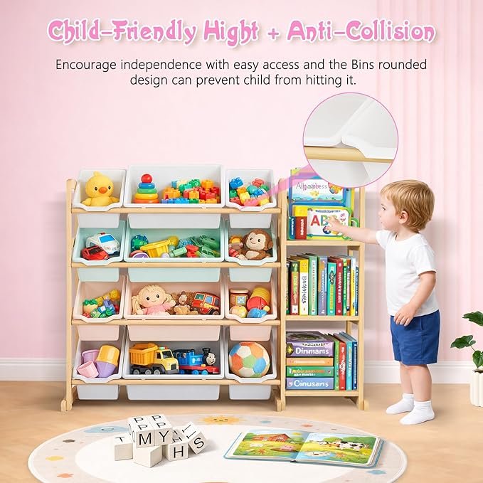 Kids Toy Storage Organizer with Bookshelf – Wooden Shelf with 12 Bins & 3 Shelves, Quick Assembly Storage Rack for Playroom, Bedroom, Nursery– Colorful