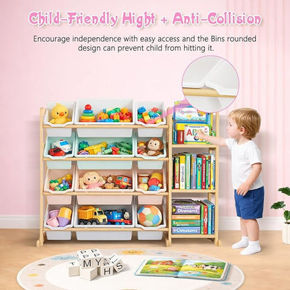 Kids Toy Storage Organizer with Bookshelf – Wooden Shelf with 12 Bins & 3 Shelves, Quick Assembly Storage Rack for Playroom, Bedroom, Nursery– Colorful