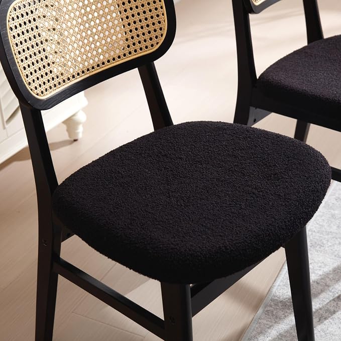 ROCITY Black Rattan Dining Chairs Set of 4 Lambswool Dining Room Chairs Natural Wooden Kitchen Chairs Farmhouse Boho