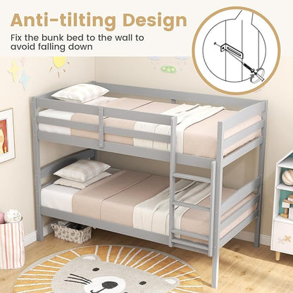 KOMFOTT Bunk Bed Twin Over Twin, Bed Frame w/Full-Length Guardrail & Integrated Ladder, Wood Bunk Bed for Small Space, Converts to 2 Individual Beds for Kids & Adults, No Box Spring Needed