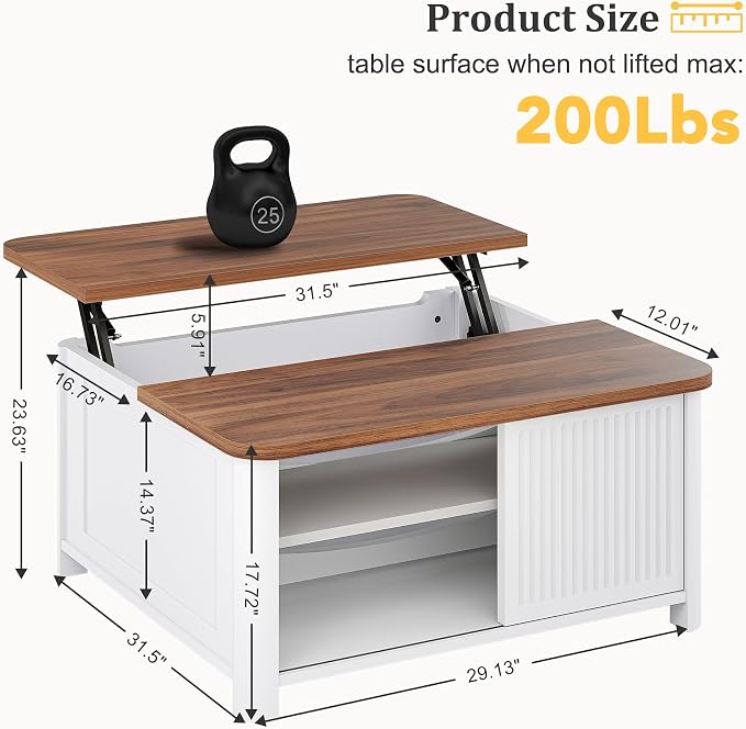 Decofy Lift Top Coffee Table with Storage Mid Century Modern Square Coffee Tables for Living Room, Large Hidden Storage Compartment, Adjustable Shelves & Sliding Door