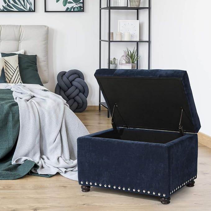 Joveco 24" Ottoman with Storage for Living Room Rectangular Fabric Tufted Bench Footrest (Dark Blue)