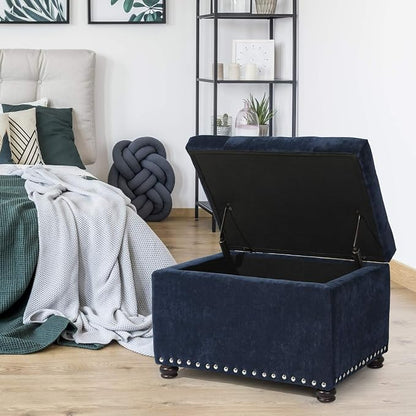 Joveco 24" Ottoman with Storage for Living Room Rectangular Fabric Tufted Bench Footrest (Dark Blue)