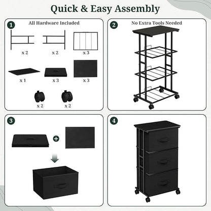 3 Drawers Dresser with Wheels, Storage Organizer with Removable Fabric Bins and Steel Frame, Small Nightstand Dresser for Bedroom Office, Entryway, Ink Black