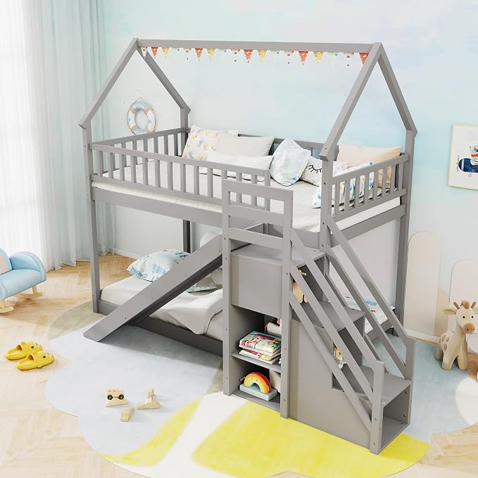 Giantex House Bunk Bed Twin Over Twin with Slide & Stairs, Wood Bunk Bed with Storage Shelves, No Box Spring Needed, Twin Floor Bed for Kids Teens Boys Girls (Grey)