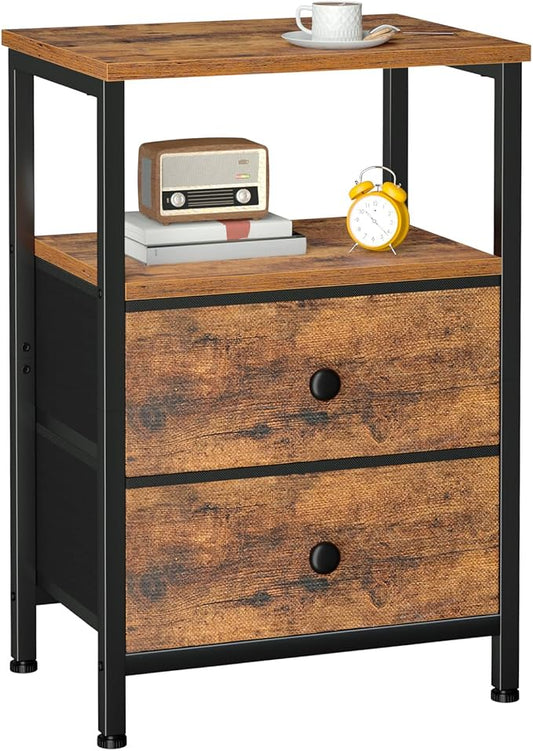 LOAKEKEL Night Stand, Nightstand with 2 Fabric Drawers for Bedroom, Small End Table with Open Storage Shelf, Bedisde Table for Apartment, Rustic Brown, HETS002BR-1