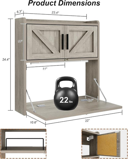 ARTETHYS Wall Mounted Desk Folding with Light Drop Down Hanging Desk,Gray | 3 Color Adjustable Light, Fold Down Computer Desk, Writing Workstation with Storage Compartment, Space Saving for Home Office