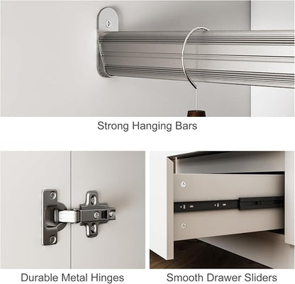 Mekminop Armoire Wardrobe Closet with Drawers and Shelves, 4 Door 2 Drawers White Bedroom Armoires, Modern Wooden Wardrobe with Hanging Rod, 20.39" D x 63" W x 78.74" H