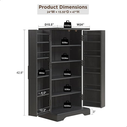 ACCOHOHO 47" Kitchen Pantry, Farmhouse Storage Cabinet with Barn Doors, Organizer and Adjustable Shelves, Rustic Wood Cupboard for Kitchen, Dining Room, Bathroom and Hallway, Black