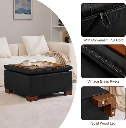 WUTUTUEE 30" Faux Leather Square Storage Ottoman with Wooden Tray, Modern Tufted Button Footstool Coffee Table, Upholstered Large Ottoman for Living Room, Bedroom, Black