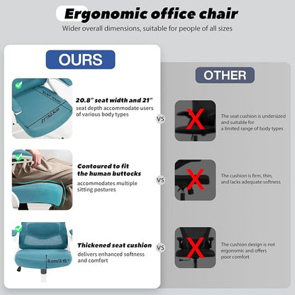 Fizzin Ergonomic Office Chair, 400 LBS Computer Chairs with Adjustable Lumbar Support, Breathable Mesh Desk Chair Ergonomic with Thickened Cushion, Comfy Home Office Desk Chair (Lake Blue)