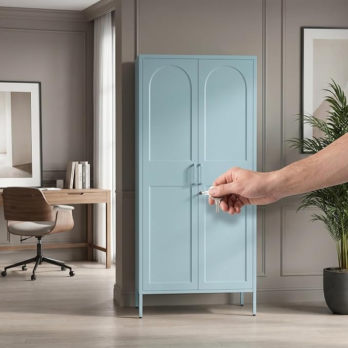 Lockable Vintage Blue Tall Metal Wardrobe, Freestanding Cold Rolled Steel Storage Cabinet with Arched Embossed Doors & Raised Feet for Home Office Size：67" H x 31.5" W x 18.1" D