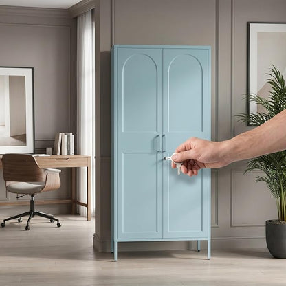 Lockable Vintage Blue Tall Metal Wardrobe, Freestanding Cold Rolled Steel Storage Cabinet with Arched Embossed Doors & Raised Feet for Home Office Size：67" H x 31.5" W x 18.1" D