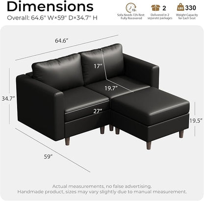 ABCASA Modular Sectional Loveseat Sofa Couch with Storage Seats, 3 Seater L Shaped Couch with Movable Ottoman for Small Spaces,Black