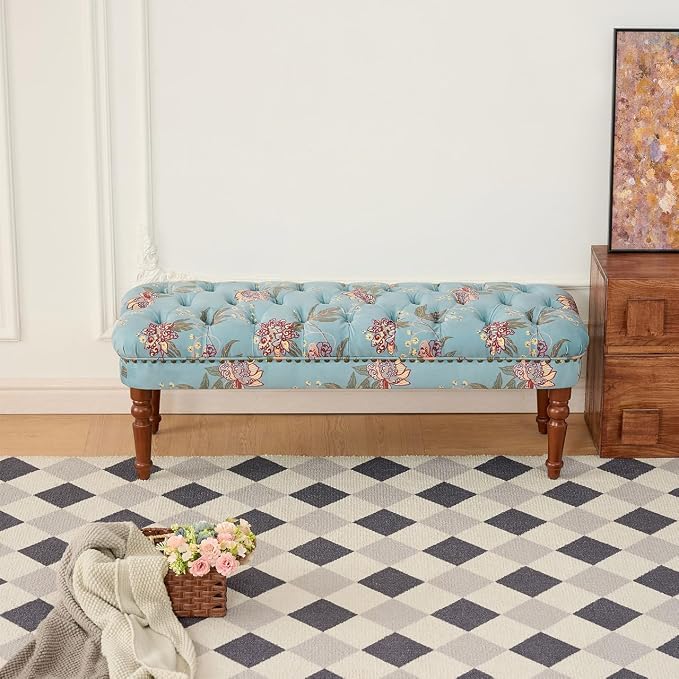 47" Upholstered Entryway Bench, Tufted Bench with Wood Leg, Floral Print Seating Benches Sofa for Balcony, Living Room, Bedroom (47" Bench)