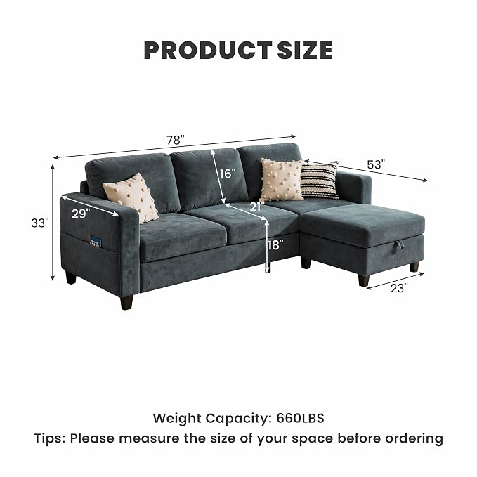 78" Sectional Sofa Couches for Living Room, Blue L Shaped Couch with Storage Ottoman, Deep Seat Pet-Friendly Velvet Fabric Sofa Set for Small Space, Apartment, Dorm