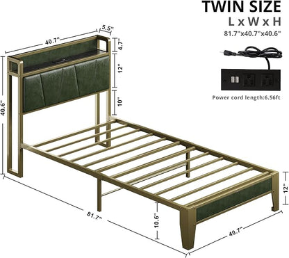 LIKIMIO Twin Bed Frame, Storage Headboard with Charging Station, Solid and Stable, Noise Free, No Box Spring Needed, Easy Assembly (Dark Green)