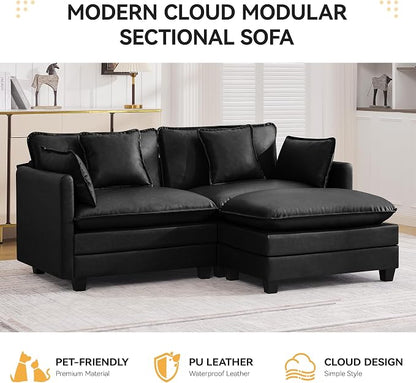 76'' Cloud Deep Seat Loveseat Sofa, Upholstered Leather Modular 2-Seats Sectional Sofa Couch with Movable Ottoman, Modern Comfy Settee Loveseat for Living Room Set, Small Apartment,Leather Black