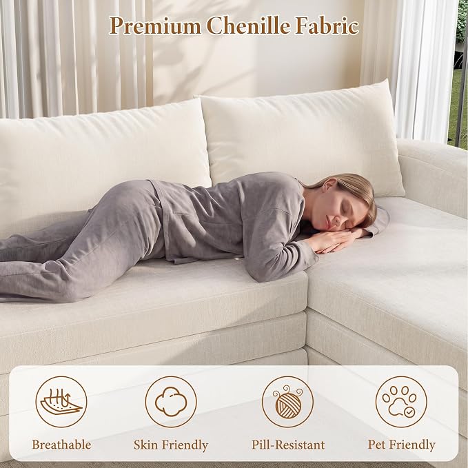 Vesgantti 110.2" Boneless Sectional Couch with Curved Armrest, 6 in 1 Convertible Folding Sleeper Sofa Bed, Chenille Modular Sofa for Living Room, No Assembly Required, Beige, Right Facing Chaise